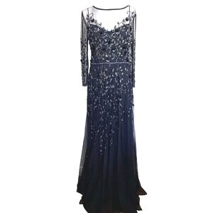 THEIA Beaded Floral Illusion Sleeve Evening Gown Gala Regency Glam Dress Navy 10
